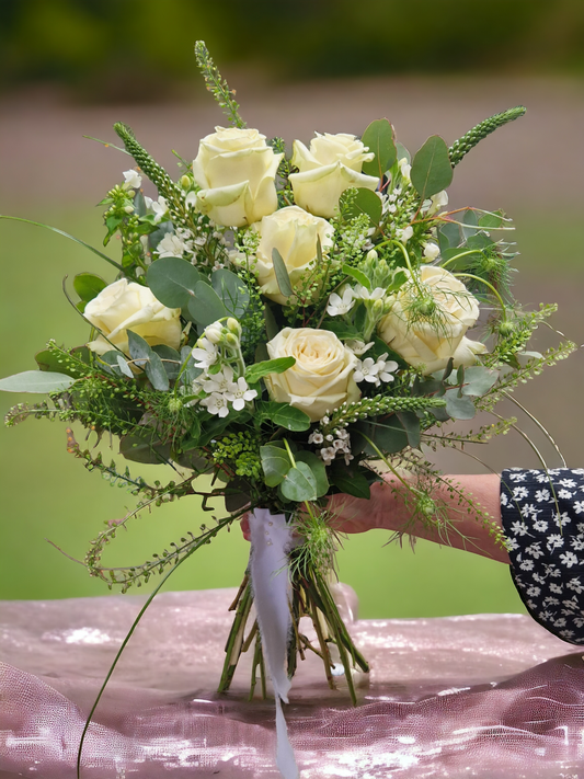 Classic White Roses & Eucalyptus Bridal Bouquet